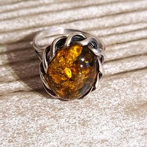 Vintage Valerio Polish Silver 15mm Cabochon Baltic Amber Size 8.5 Ring